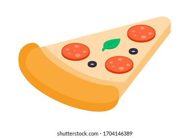 Vector isometric illustration of an appetizing multi-colored pizza on a white background. Pizza has ketchup, salami, olives and greens. Illustration for the culinary theme.