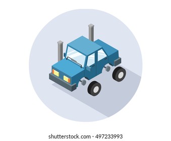 Vector isometric illustration of auto service, tire fitting, repair, 3D flat design, blue car icon, breaking wheel, maintenance