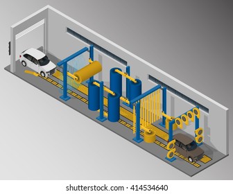 Vector Isometric Illustration Of Automatic Tunnel Car Wash.