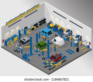 Vector isometric illustration of automotive and tire fitting service, car lifts, wheel changer and wheel balancers. Equipment for automotive service.