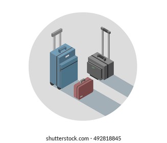 Vector isometric illustration of baggage, bags, suitcase on wheels, travel icon.