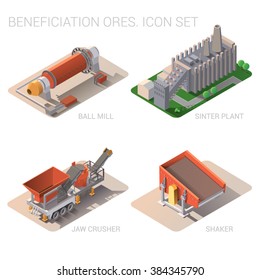 Vector isometric illustration of ball mill, sinter plant, jaw crusher and shaker. Equipment for high-mining industry. Beneficiation ores. Icons set.