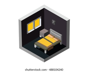 Vector isometric illustration of bedroom interior, bed, table, window, clock, night room 