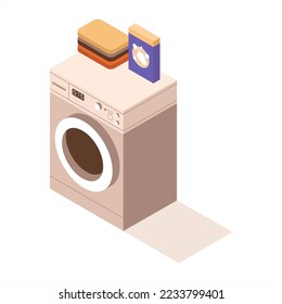 Vector isometric illustration of beige washing machine in flat style isolated on white background.Washing powder,washed clothes,equipment for washing clothes,3d home object. Electronic appliances icon