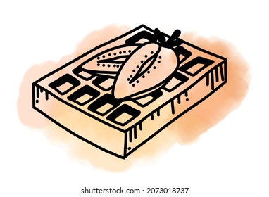 Vector isometric illustration of Belgian Waffles with strawberry. Hand drawn sketch with watercolor spot for icon or logo. Drawing for bakery menu