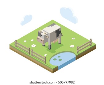 Vector isometric illustration of black and white cow on the green field, dairy products, organic food, 3d flat design icon, healthy milk, farm animals 