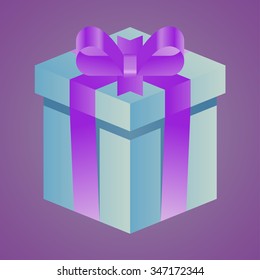 Vector isometric illustration of a blue gift box with a purple bow. Present. 