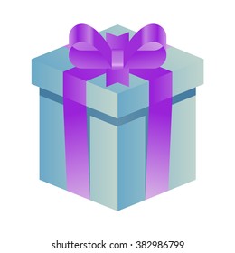 Vector isometric illustration of a blue gift box with a purple bow. Present. Isolated on white background. Gradient. Symbol. Icon. Holidays. Shadow. Paper. Origami.