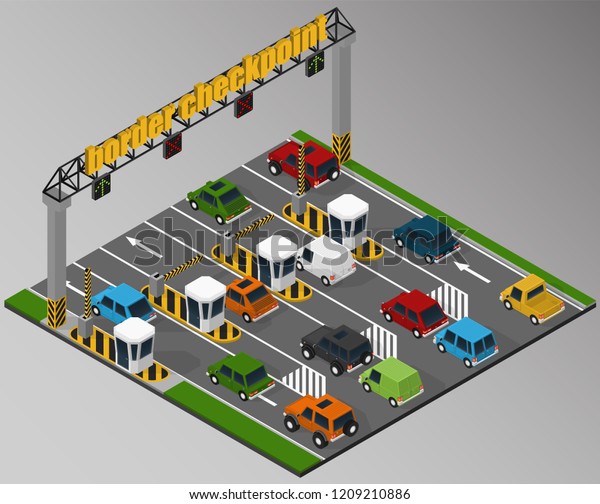Vector isometric illustration of a\
border checkpoint and the surrounding road\
infrastructure.