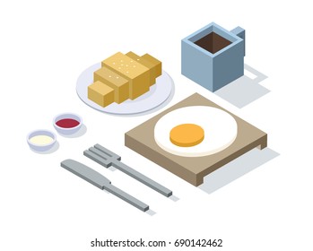 Vector isometric illustration of breakfast set food items, business lunch time  
