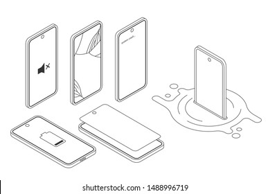 Vector isometric illustration, broken smartphone damaged by water, drop. System crash screen, cracked display. Devices in modern trendy gradient style. Various smartphone brake down for repair service