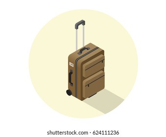 Vector isometric illustration of brown suitcase, travel baggage icon 
