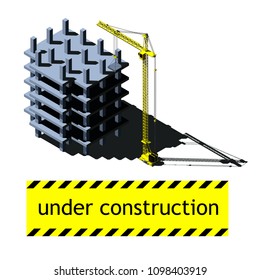 Vector isometric illustration, building under construction and crane