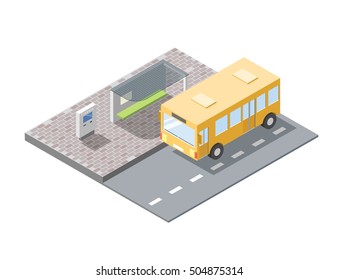 Vector Isometric Illustration Of Bus Station With Ticket Sell Terminal, City Public Transport, Road Element, 3d Flat Design, Yellow Bus Icon 