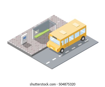 Vector Isometric Illustration Of Bus Station With Ticket Sell Terminal, City Public Transport Road Element, 3d Flat Design, School Bus Icon  