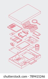 Vector isometric illustration of business man briefcase. Minimalistic outline style. Opened case with office stationery. You can also edit outlines, just add stroke wight to shapes on editable layer.