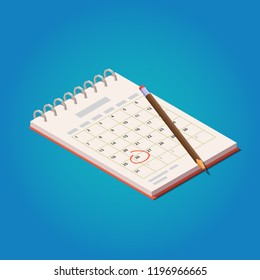 Vector isometric illustration calendar and pencil icon. Isolated on blue background. Vector concept.