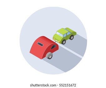 Vector isometric illustration of Camping trailer with car, transport for travel icon. 