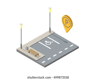 Vector Isometric Illustration Of Car Parking Place With Bench, Street Light, Invalid Place, Parking Geotag, Pin.