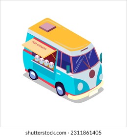 vector isometric illustration of a car selling ice cream