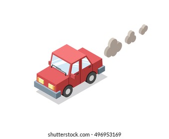 Vector isometric illustration of car with traffic fumes, exhaust, auto service icon, environmental pollution, modern 3D flat design, transportation symbol 