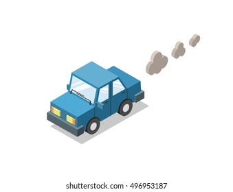 Vector isometric illustration of car with traffic fumes, exhaust, auto service icon, environmental pollution, modern 3D flat design, transportation symbol 
