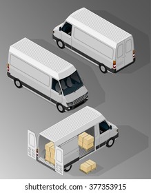 Vektorisometrische Illustration eines Autos für den Transport von kleinen Ladungen. Ausrüstung für die Ladungszustellung.