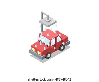 Vector isometric illustration of car wash, 3D flat design icon, auto service symbol, red car taking a shower 