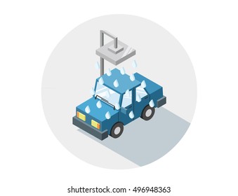 Vector isometric illustration of car wash, 3D flat design icon, auto service symbol, blue car taking a shower 