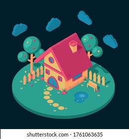 Vector isometric illustration. Cartoon cute country house with garden. Isometric house with clouds.