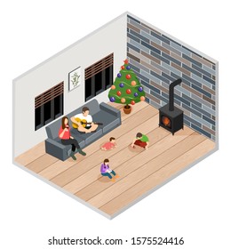 Vector isometric illustration of a caucasian family with three children at home at Christmas time