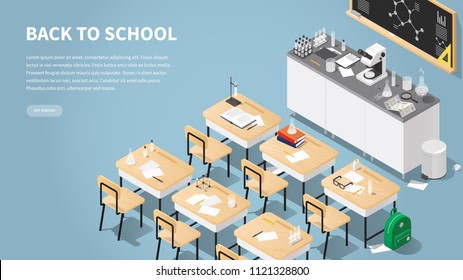 Vector isometric illustration of chemistry class landing page. Classroom laboratory with necessary equipment, student's desks, chairs blackboard, microscope, test tubes and flasks, books. Web banner.