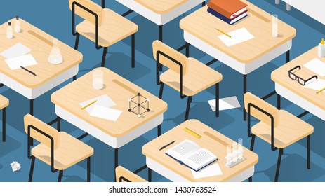 Vector isometric illustration of chemistry classroom. Classroom laboratory with necessary equipment, student desks, test tubes, papers, flasks and books. Studying process concept.