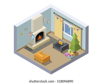 Vector isometric illustration of christmas eve room, set of living room furniture, christmas decoration, tree, fireplace, windows, cosy interior design, 3d flat objects, winter holidays concept.