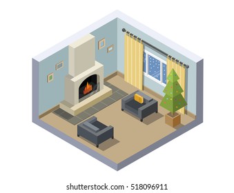 Vector isometric illustration of christmas eve room, set of living room furniture, christmas decoration, tree, fireplace, windows, cosy interior design, 3d flat objects, winter holidays concept.