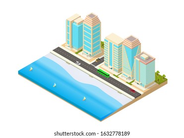 vector isometric illustration of a city beside the seaside for a vacation or holiday