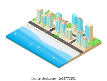 vector isometric illustration of a city beside the seaside for a vacation or holiday