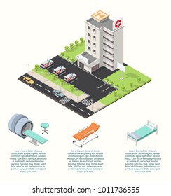 Vector isometric illustration city medical center hospital facades landscape.