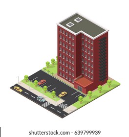 Vector isometric illustration city street house facades landscape.