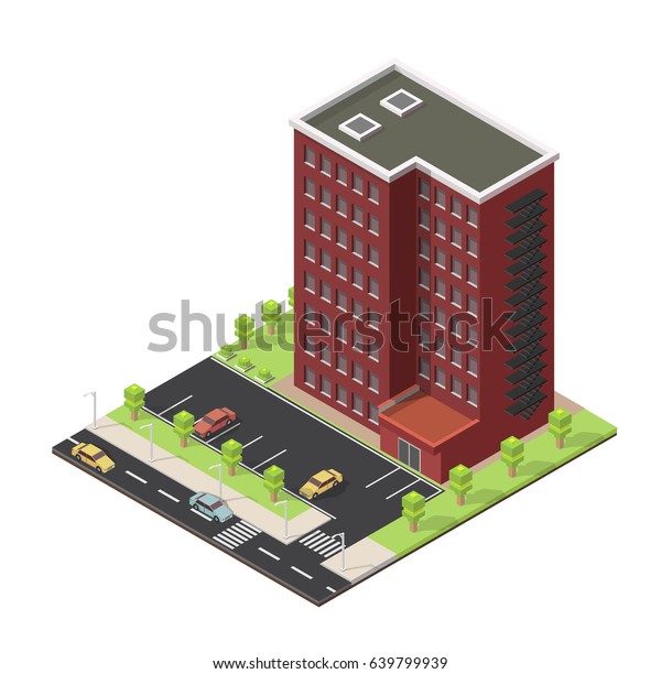Vector isometric illustration city street\
house facades\
landscape.