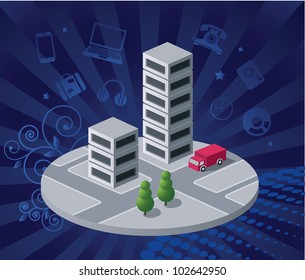 Vector isometric illustration of the city's theme on a blue background