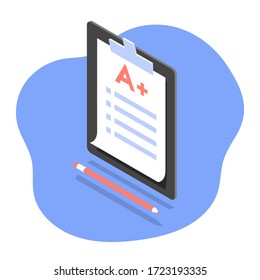 Ilustración vectorial isométrica del portapapeles con prueba o examen y lápiz. Concepto de educación.