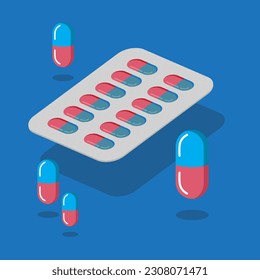 Ilustración isométrica vectorial de un cúmulo con píldoras y cápsulas de píldoras de color azul rojo