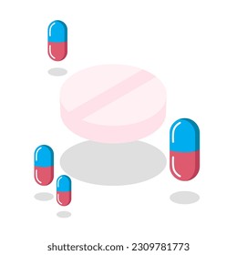 Vector isometric illustration of a cluster with pills and red blue pill capsules