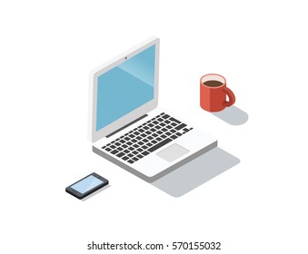 Vector Isometric illustration of coffee break during working day concept. Laptop, smartphone, coffee cup. 3d flat working icon