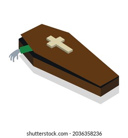 Vector isometric illustration of a coffin with zombie hand sticking out from under the coffin lid. Halloween and horror concept