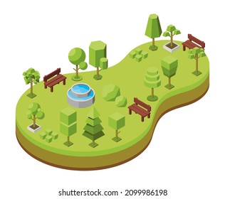 Vector isometric illustration. Concept of an ecological park, recreation areas with a fountain. Natural landscape, environment. Landscaped nature reserve, forest, grove. Trees isometric icons