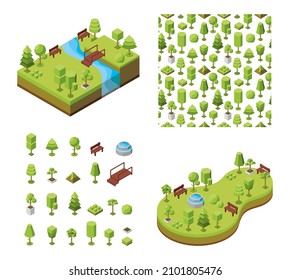 Vector isometric illustration. Concept of an ecological botanical park, natural recreation areas. Natural landscape, environment. Set of 3d trees and outdoor furniture icon. Seamless geometric pattern