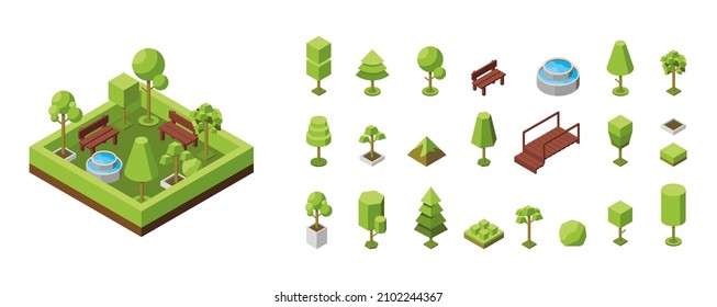 Vector isometric illustration. Concept of an ecological park, recreation areas with a fountain. Natural landscape, environment. Landscaped nature reserve, forest, grove. Trees isometric icons