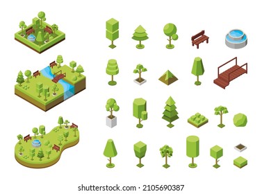 Vector isometric illustration. Concept of an ecological park, recreation areas with a pond and bridge. Natural landscape, environment. Landscaped nature reserve, forest, grove. Trees isometric 3d icon